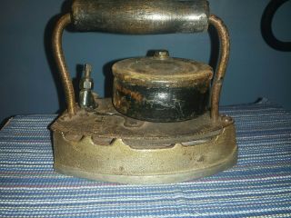 Unusual Antique Cast Iron Gas Iron With Gas Tank Under Handle