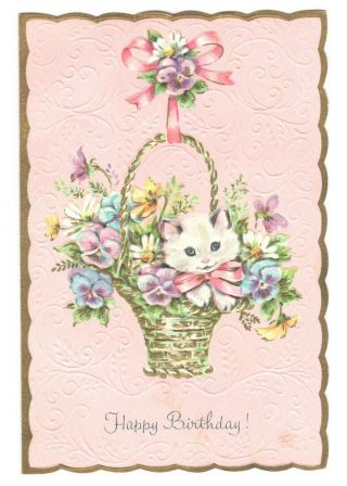 Vintage Birthday Greeting Card Kitten Cat Inside Basket Of Flowers 1960 