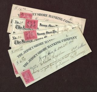 5 The Jersey Shore Banking Co Checks W/ Rev Stamps 1899