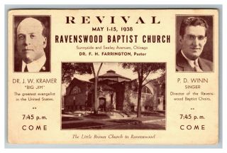 Chicago Il,  Big Jim Kramer,  Revival Ravenswood Baptist Church C1938 Postcard P22