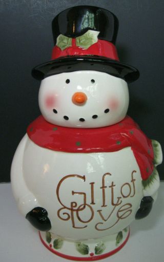 Ceramic Snowman Cookie Jar Gift Of Love Scarf Top Hat Holly Leaves Christmas