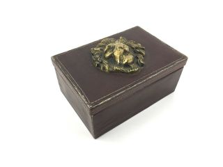 Vintage Leather Wrapped Vanity Box With Brass Lion Head Medallion Jewelry Decor