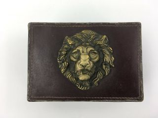 Vintage Leather Wrapped Vanity Box with Brass Lion Head Medallion Jewelry Decor 2