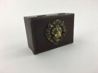 Vintage Leather Wrapped Vanity Box with Brass Lion Head Medallion Jewelry Decor 3