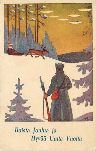 Wwii Era Christmas Postcard Finland Soldier On Patrol In Forest Sees Santa Claus