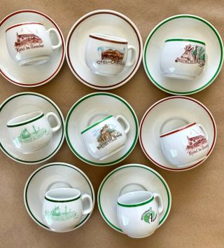Vintage Apilco French Porcelain Espresso Cups With Hotel Logos,  Set Of 8