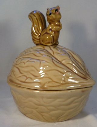 Vintage Candy Dish Pottery Nut & Squirrel Lid Browns 6.  5 " Tall Shape Taiwan