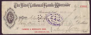 Cheque From United States First National Bank Of Riverside 1902 Z12