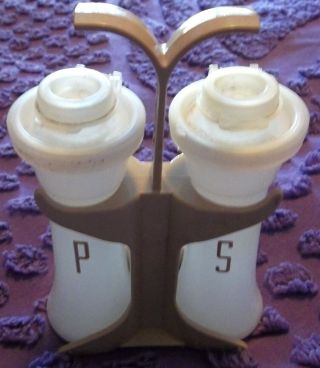 Vtg Tupperware 4 " Small Hourglass Salt Pepper Shakers With Caddy