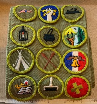 Vintage Boy Scout Merit Badge Sash W/ 12 Patches Bsa Scouts Uniform Camp