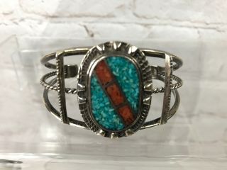 Vintage Navajo Sterling Silver Turquoise Red Coral Chip Inlay Cuff Bracelet 35g