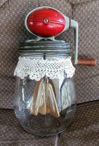 Vintage Dazey Butter Churn No 4 Model B Tulip Glass - Red Football Top - 4 Quart