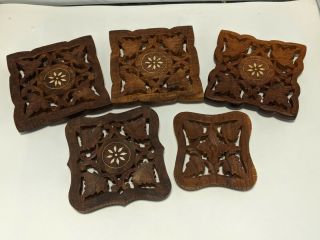 5 Vintage Hand Carved Wood Floral Wooden Footed Trivets Kitchen Stand Coaster