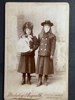 Victorian Photo: Cabinet Card: Sisters Toy Porcelain Doll: Asquith: Harrogate