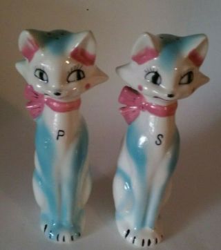 Vintage Pink And Blue Tall Cat Salt And Pepper Shakers 7 1/4 " Inches Tall