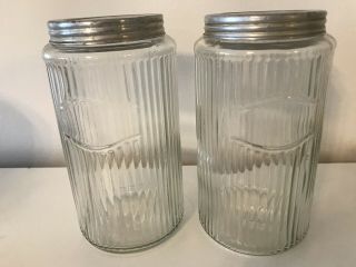 2 Vintage Clear Ribbed Glass Hoosier Cabinet Canister Jars With Tin Lid