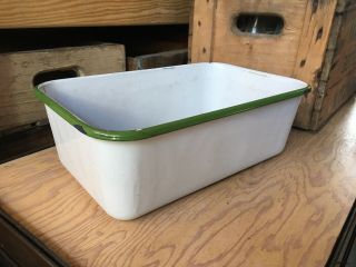 Vintage Enamel Ware Tub Basin Farm House Square Wash Bowl Pan 12” White Green