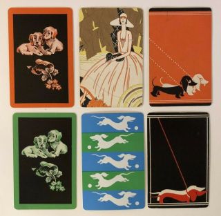 6 Vintage Playing Cards Dachshund Dogs Deco Lady/broken Pot/balls