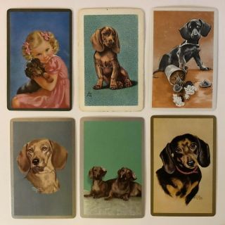 6 Vintage Playing Cards Dachshund Dogs Little Girl/broken Pot