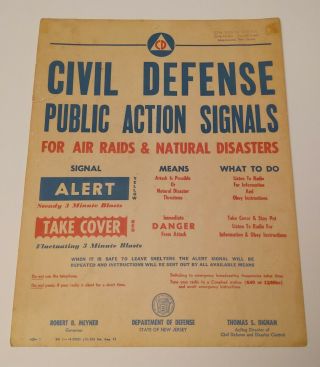Vintage Jersey Civil Defense Council Public Action Signals Air Raids Poster