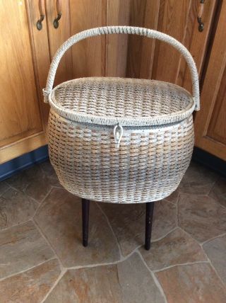 Large Vintage Mid Century Standing Oval Woven Sewing Basket With Handle 1960’s
