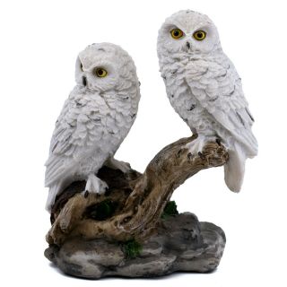 White Snowy Owls On Log Figurine 4.  75 " High Detailed Resin Statue