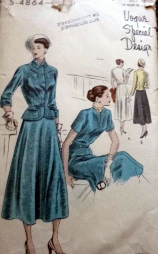 Lovely Vtg 1940s Dress & Jacket Vogue Special Design Sewing Pattern 16/34