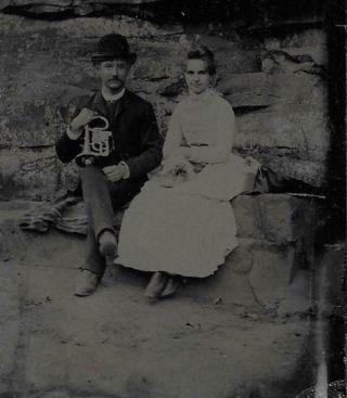 Tintype Photo T1229 Couple Posing - Man In Brimmed Hat Holding An Instrament