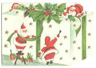 Vintage Sunshine Christmas Greeting Card Multiple Santa Wrapping Big Box Gc3