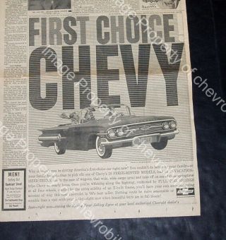 1960 Chevrolet Impala Convertible 12x16 " Newspaper Ad Bel Air 60