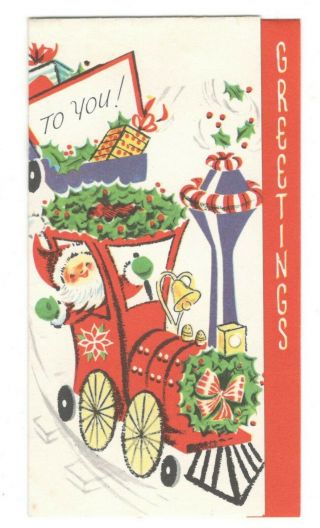 Vintage Christmas Greeting Card Train Conductor Santa Claus 1950 