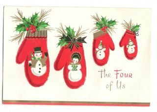 Vintage Sunshine Christmas Greeting Card Four Of Us Snowman On Mitten Gc2