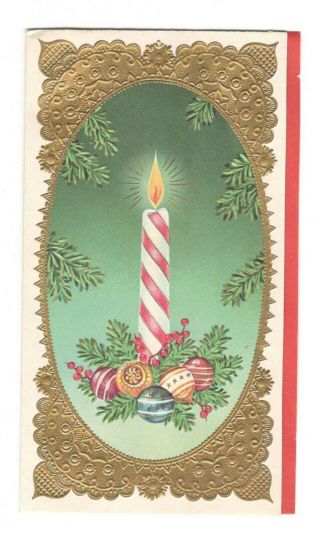 Vintage Christmas Greeting Card Lighted Candy Cane Candle 1950 