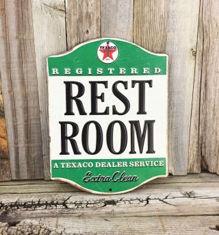 Texaco Gasoline Oil Rest Room Diecut Metal Tin Sign Vintage Garage Man Cave Gas