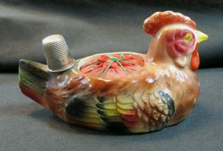 Ceramic Rooster Or Hen W/ Pin Cushion & Thimble Holder Exvc