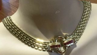 Givenchy Vintage Goldtone & Red Baguette Necklace Front Fastening 19.  1/2 Long