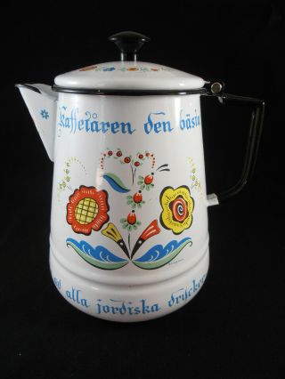 Vtg Berggren Swedish Porcelain Enamelware Coffee Pot Scandinavian Floral Signed