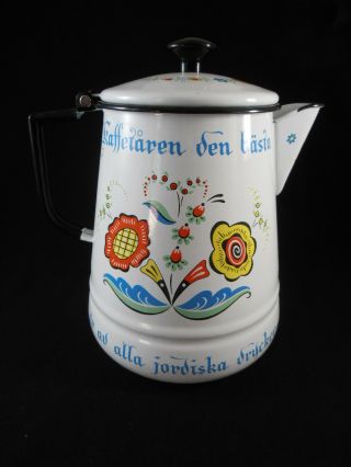 Vtg Berggren Swedish Porcelain Enamelware Coffee Pot Scandinavian Floral Signed 2