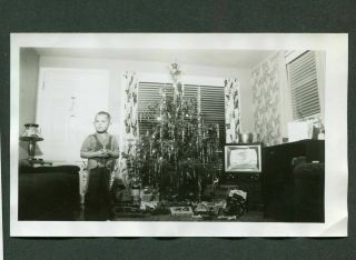 Vintage Photos Cute Boy Cowboy Christmas Tree w/ Toys Presents TV is ON 984042 2