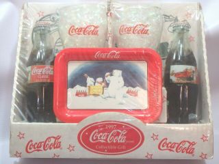 Coca Cola Coke 1997 Collectible Gift 2 Bottles/santa 2 Glasses 1 Tray