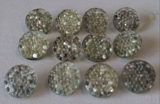 Set Of 12 Vintage Matching Clear Glass Buttons 1/2 " Smoky Green Sparkle Hobnail