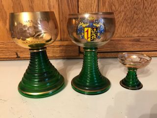Vintage Set Of 3 German Wine Glasses Goblets Music Box Shot Glass Green Gold