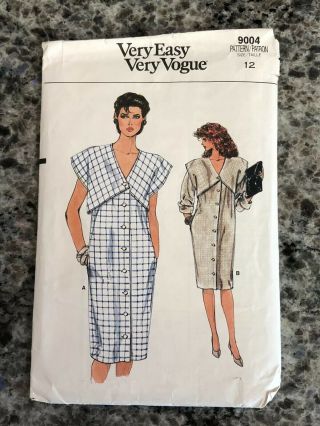 1980’s Vogue Sewing Pattern 9004 Misses Button Front Dress Over Shoulder 12