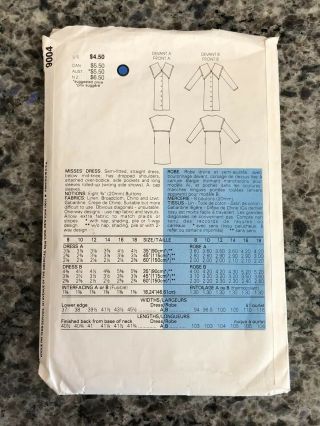 1980’s VOGUE SEWING PATTERN 9004 MISSES BUTTON FRONT DRESS OVER SHOULDER 12 2