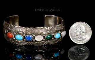 Vintage Navajo Old Pawn Multi - Stone Coral Turquoise STERLING Bracelet 2