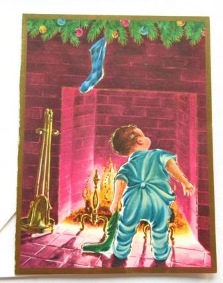 Vintage Christmas Card Cute Little Boy W Stocking Looking Up Chimney For Santa
