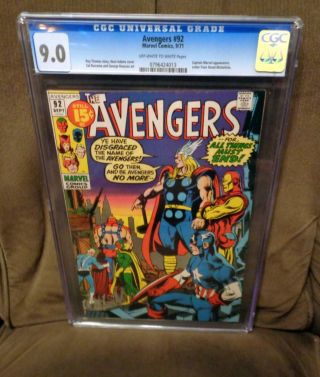 Avengers 92 Cgc 9.  0 Ow - W Pages Classic Neal Adams Cover 1971 Cap Thor Iron Man