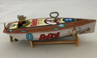 Vintage Popeye The Sailor Man Tin Wind Up Speedboat Boat Toy with Box 2