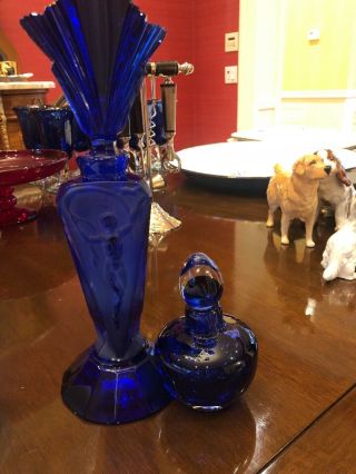 Vintage Cobalt Blue And Clear Glass Perfume Bottle W/ Glass Stopper Art Deco