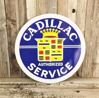 Cadillac Service Crest Logo Metal Tin Sign 12 " Shop Garage Dealer Blue Round
